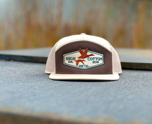 Detail view of Duck Patch Brown/Khaki 7-Panel Hat by High Cotton Hat Co