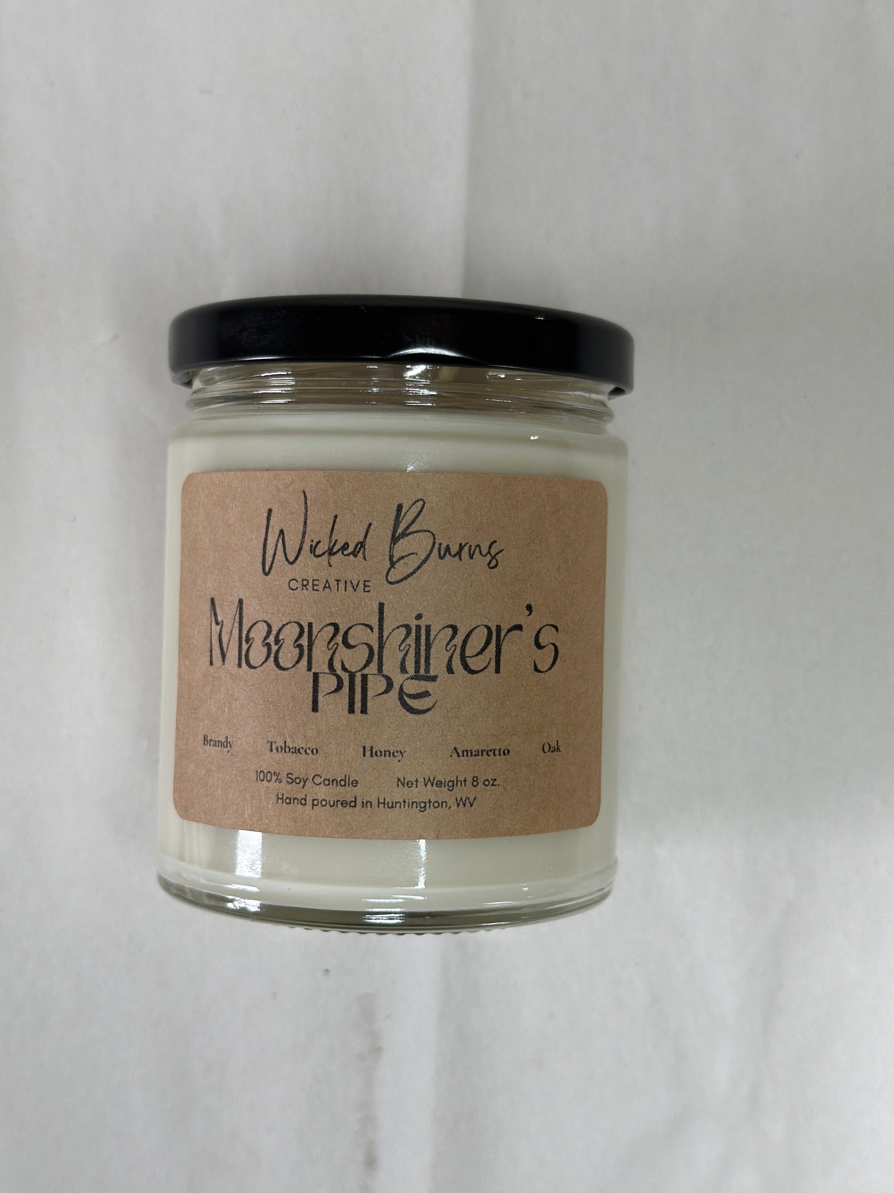Moonshiner’s Pipe tobacco, brandy and oak soy candle
