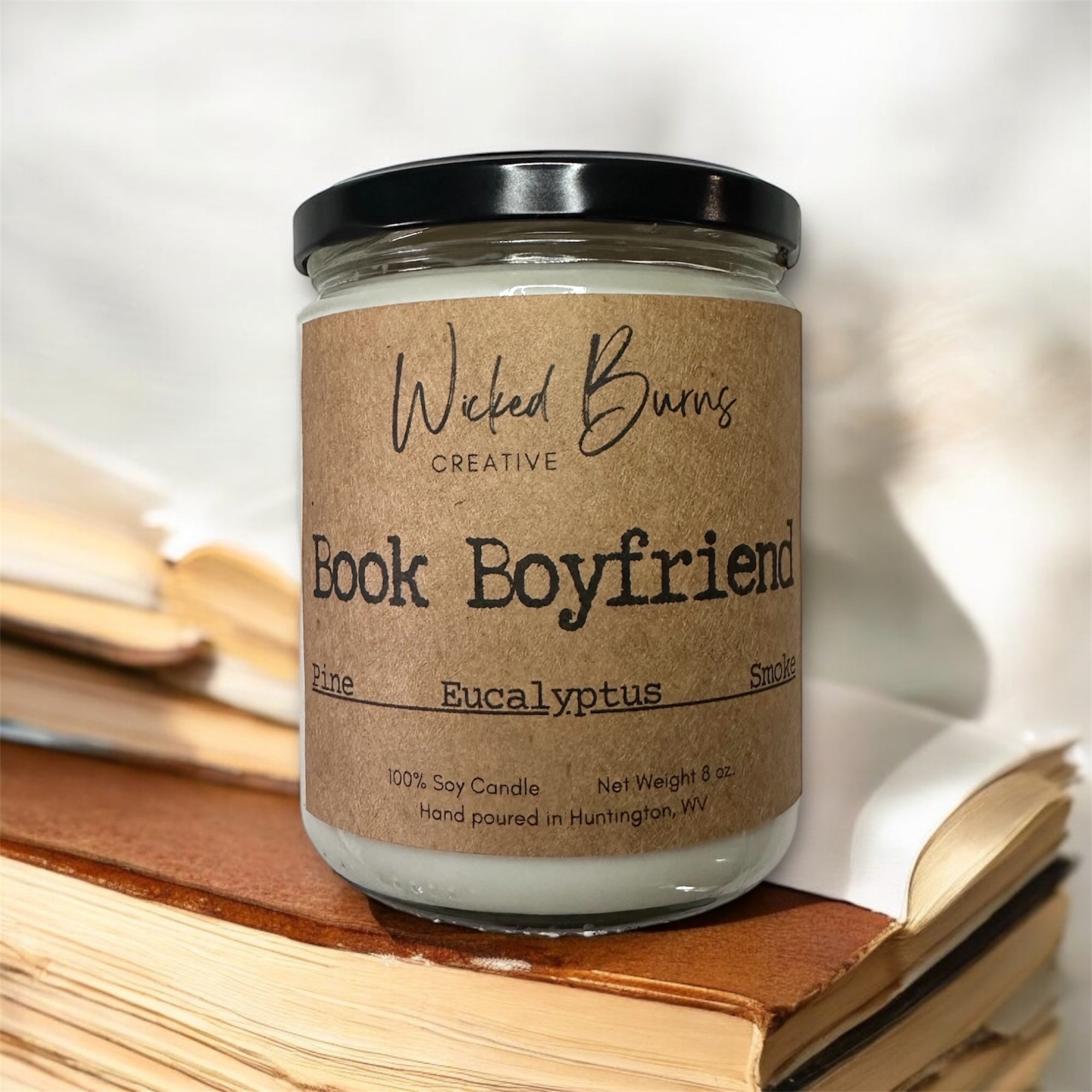 Book Boyfriend pine, smoke and tonka bean soy candle