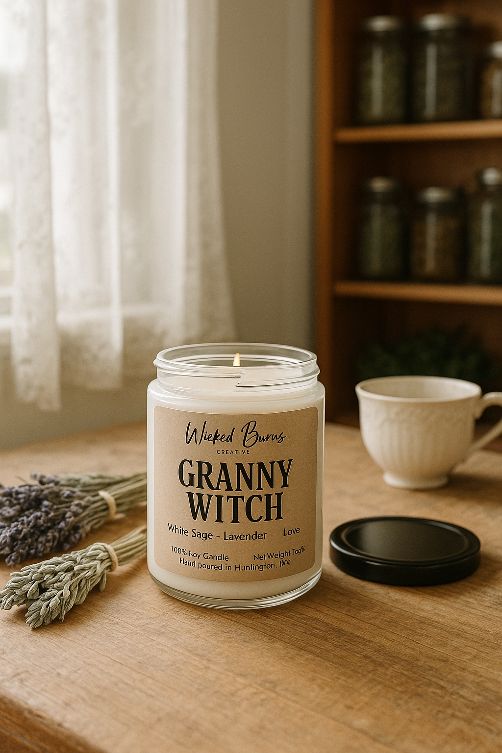 Granny Witch lavender and herbal woods soy candle