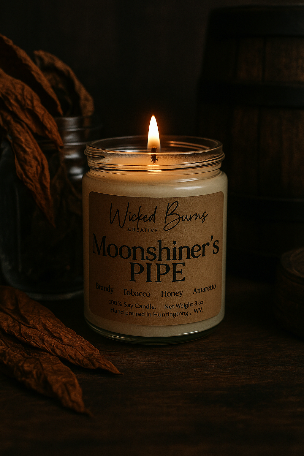 Moonshiner’s Pipe tobacco, brandy and oak soy candle
