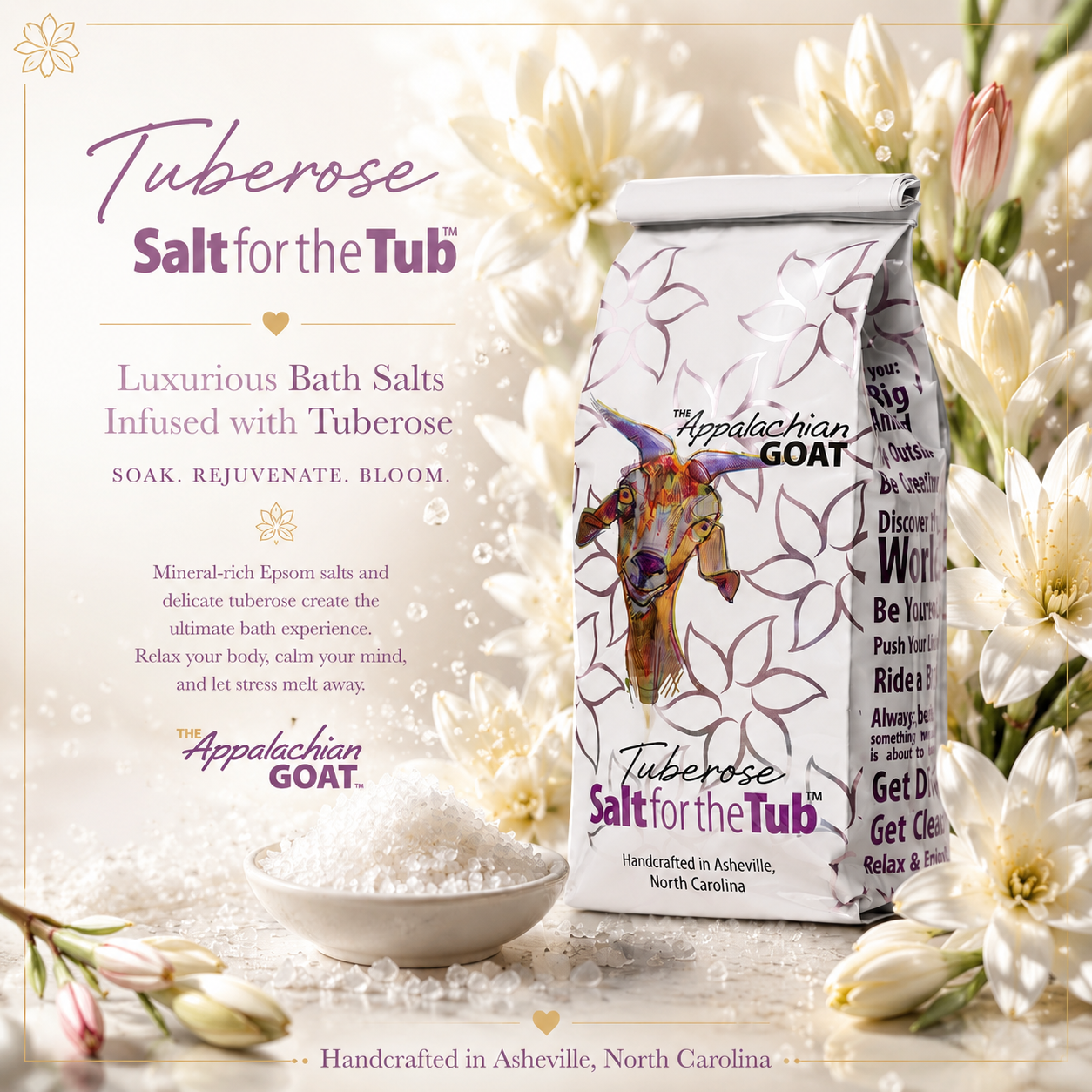 TUBEROSE GOATS MILK ARNICA BATH SALTS detail view by Essential Journeys