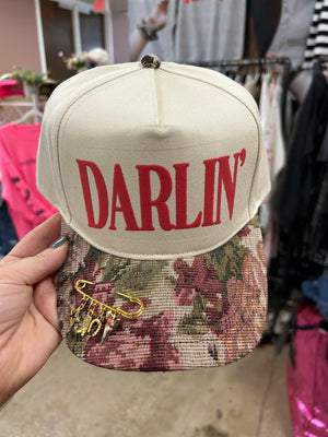 Darlin’ Red Vintage Floral Canvas Trucker Hat detail view by Southern Bliss Company