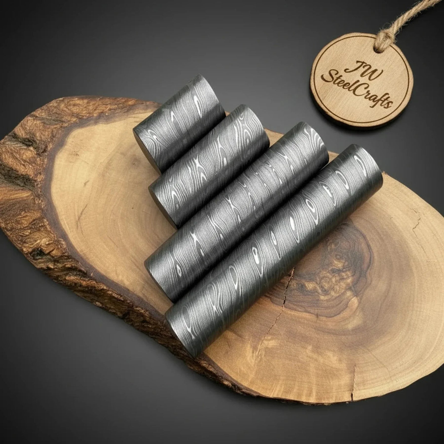 Damascus Steel Round Bar Billet Set of 2 Twist Pattern Knife Making Blank Bar Stock 3-6" by JW SteelCrafts