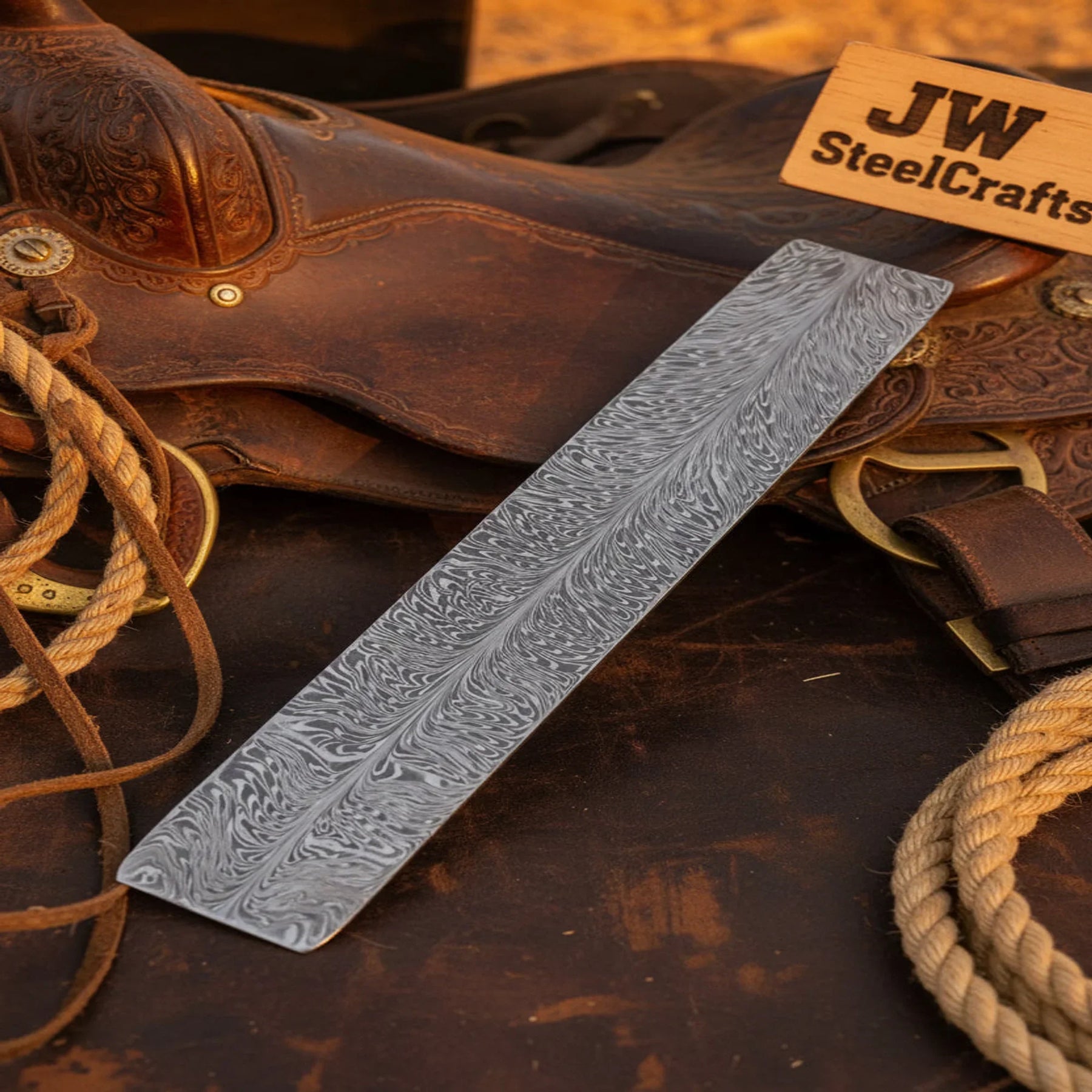 Forged Damascus Flat Bar with Full Feather Pattern for Knife Making by JW SteelCrafts