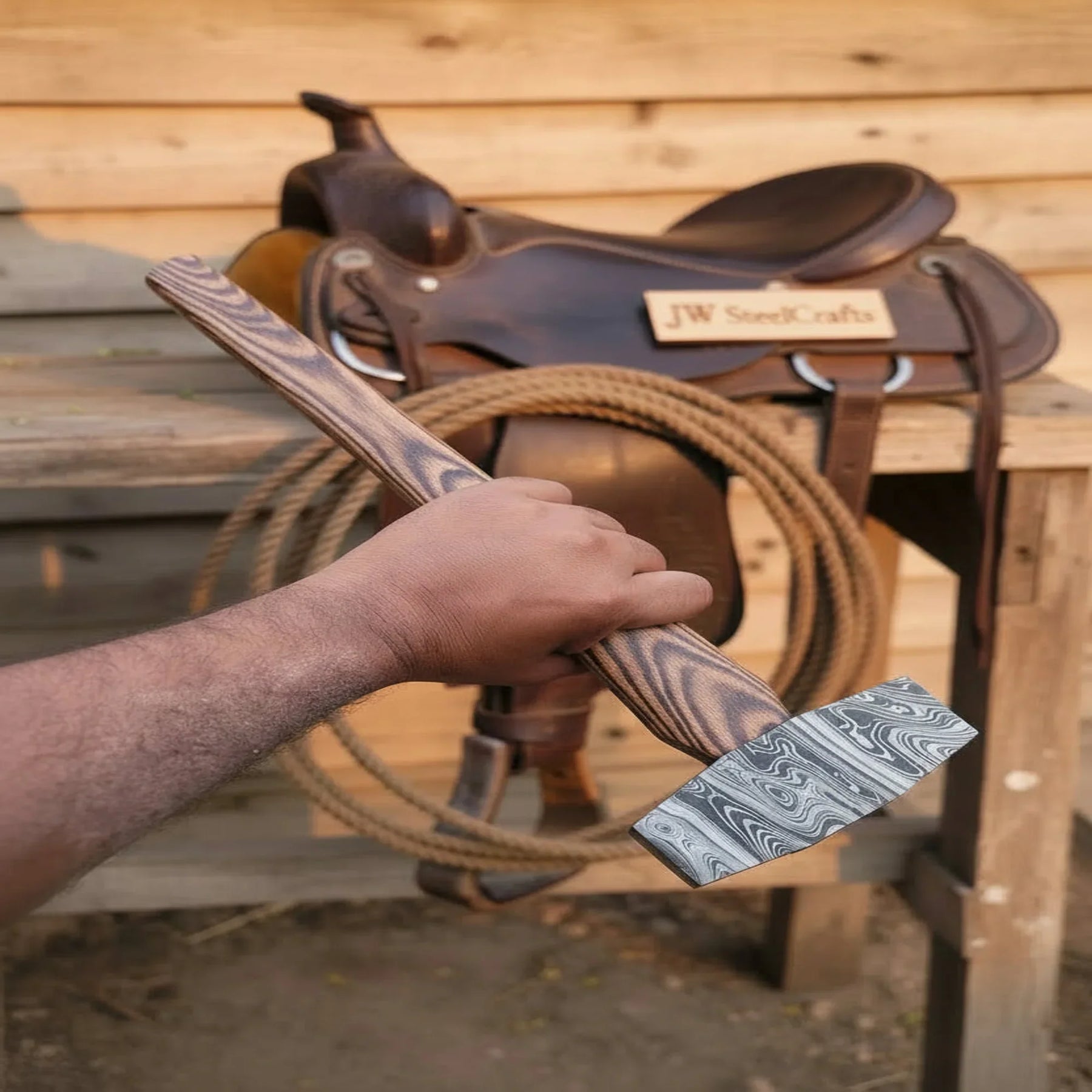 Octagonal Damascus Drilling Hammer with Natural Wood Handle by JW SteelCrafts