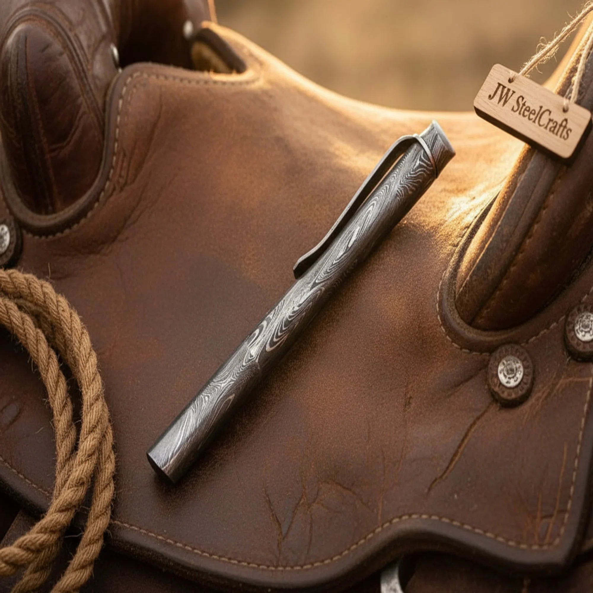 Minimalist Damascus Ballpoint Pen with Monolithic Forged Body by JW SteelCrafts