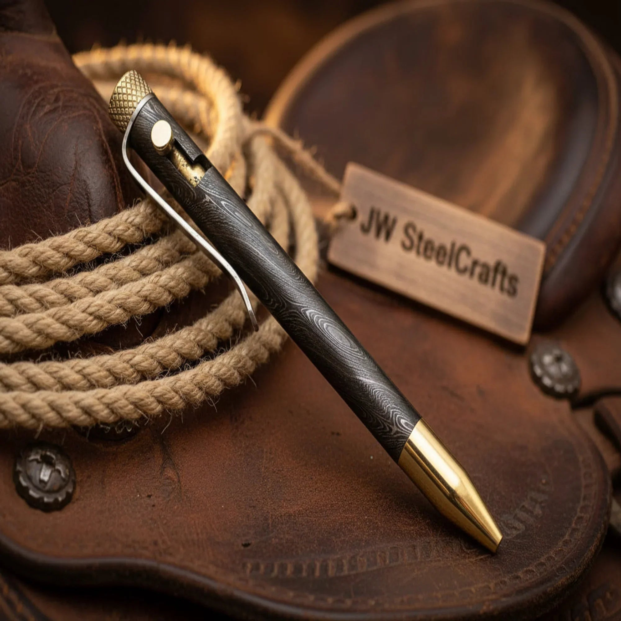Damascus Skinny Bolt Action Pen with Slim Forged Barrel by JW SteelCrafts