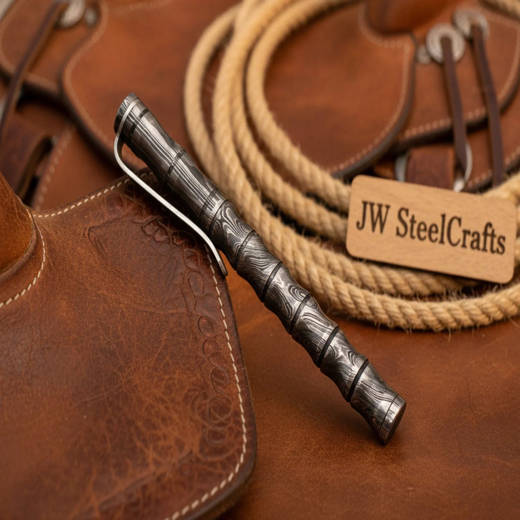 Bamboo Style Damascus Pen with Sculpted Node Body and Steel Clip by JW SteelCrafts