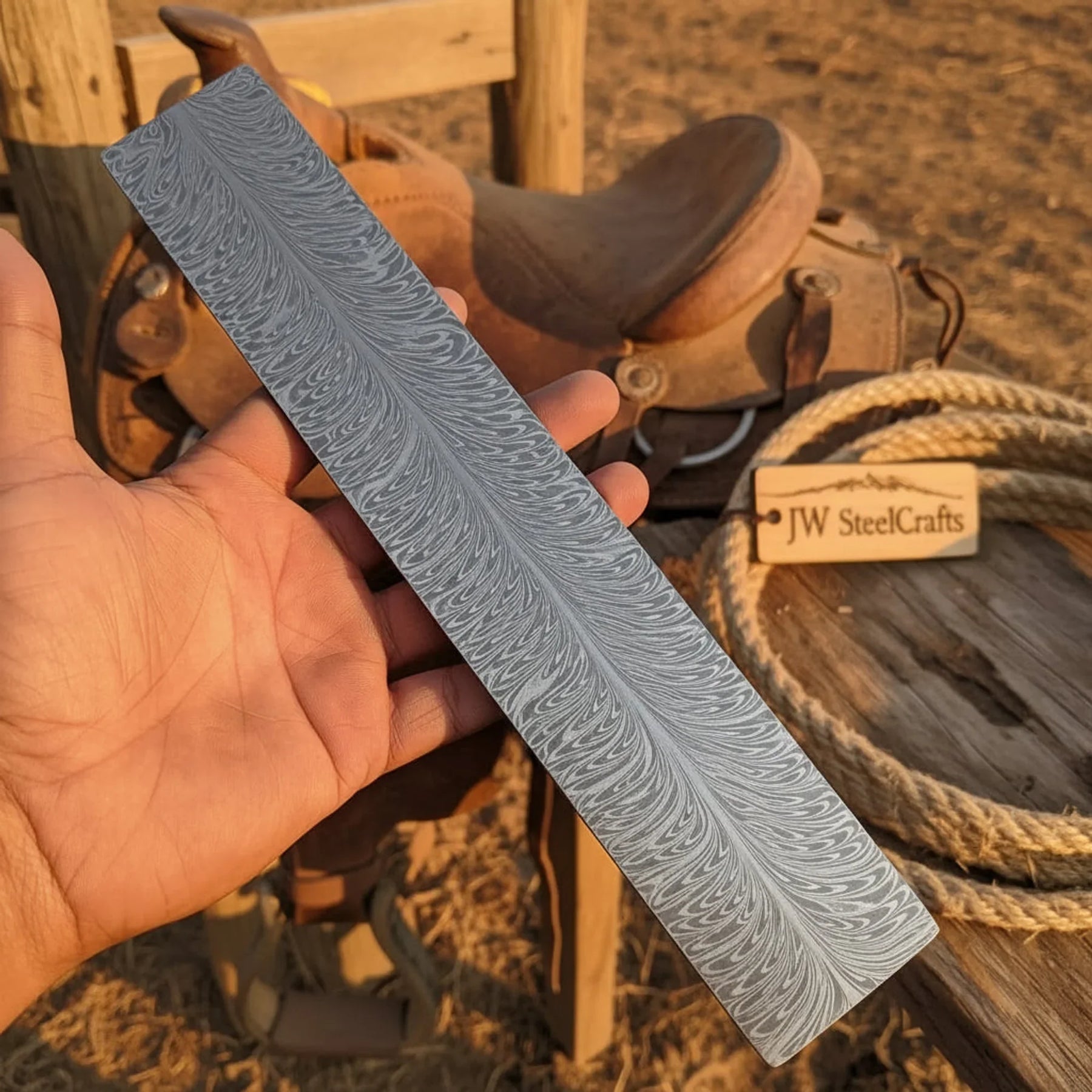 Feather Pattern Damascus Billet with Broad Etched Face by JW SteelCrafts