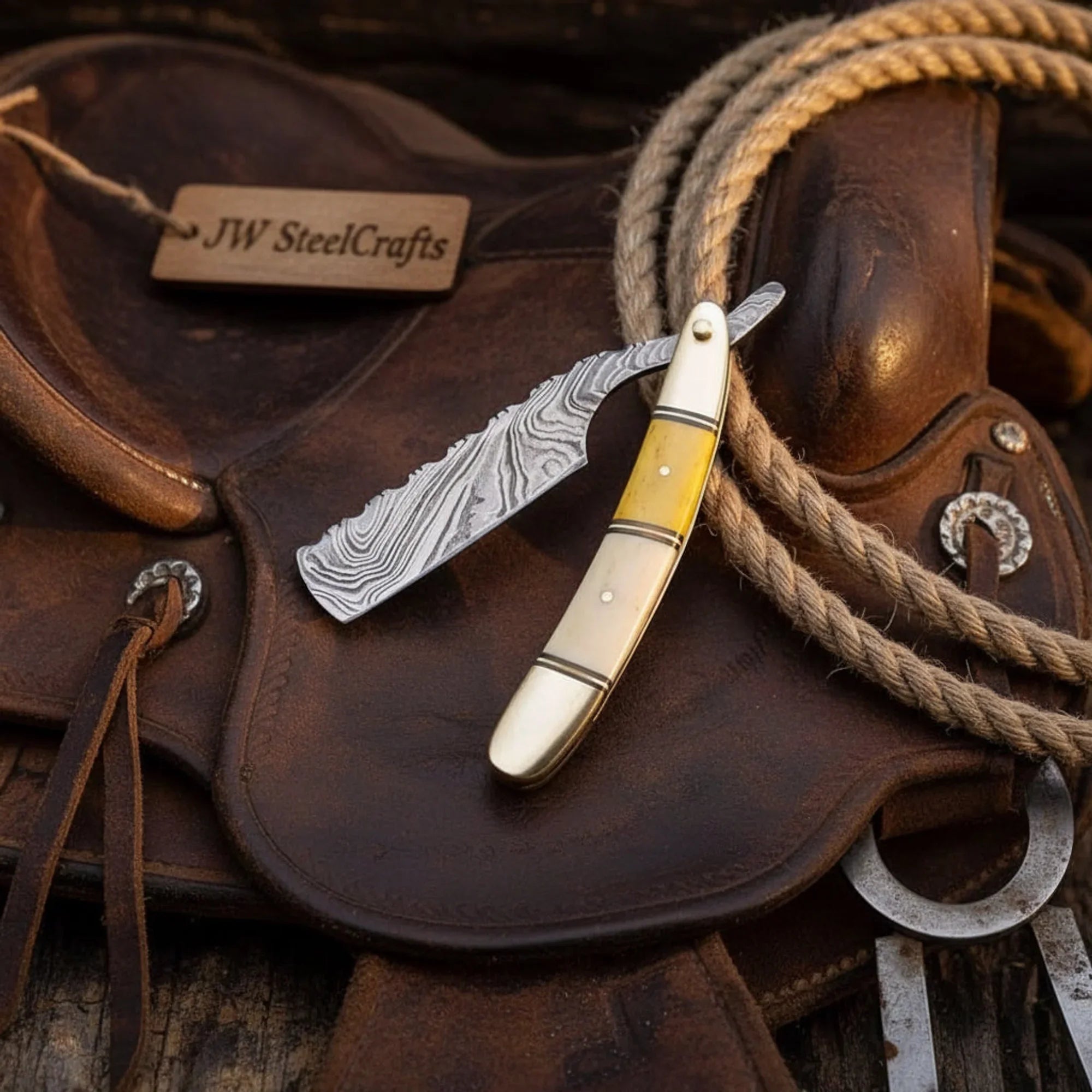 Damascus Cattleman Straight Razor with Bone Handle by JW SteelCrafts