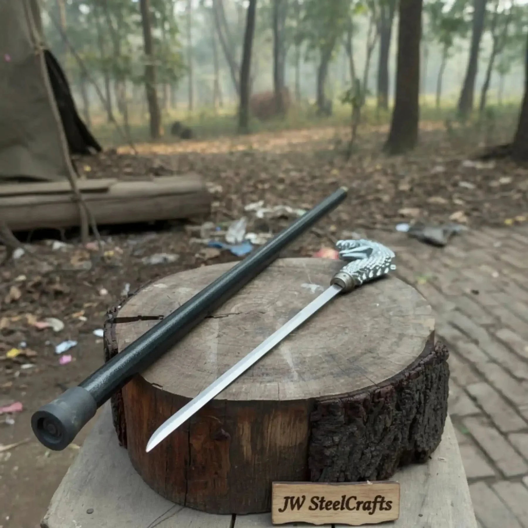 Handmade Cobra Head Sword Cane with Polished Steel Blade and Black Walking Shaft for Collection and Display by JW SteelCrafts