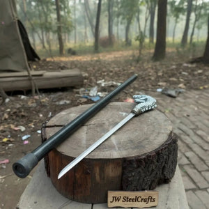 Handmade Cobra Head Sword Cane with Polished Steel Blade and Black Walking Shaft for Collection and Display by JW SteelCrafts