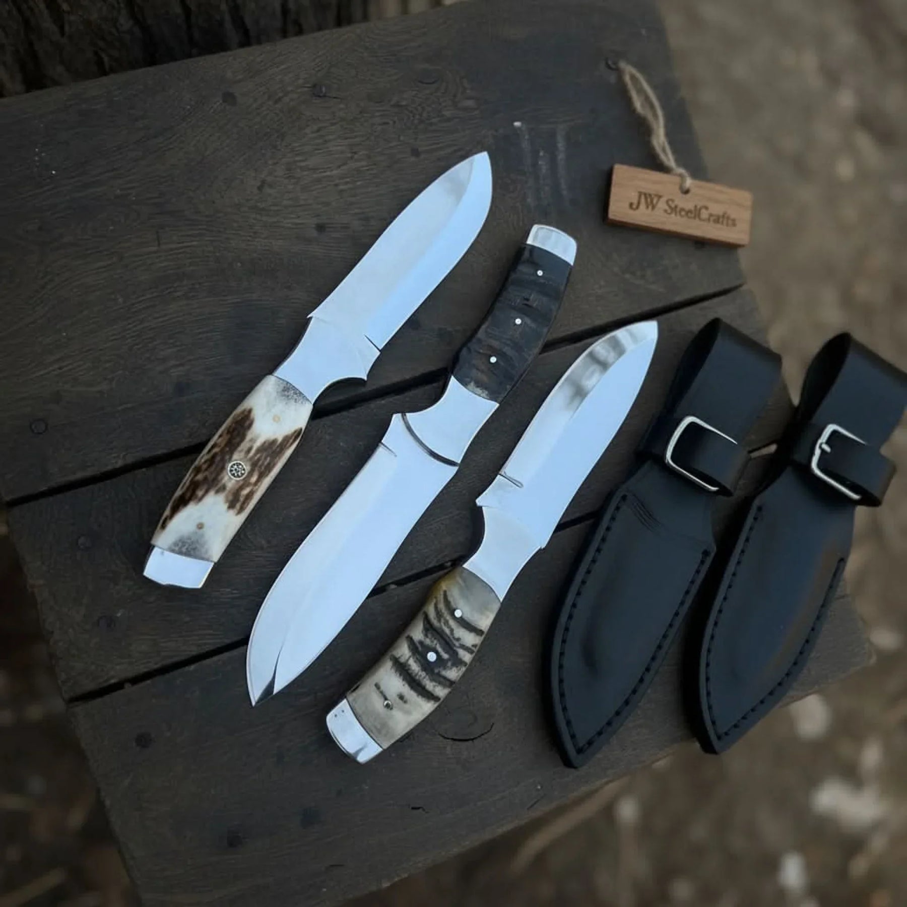 Handmade Antler Point Hunting Knife Set of 3-Piece Fixed Blade Set with Leather Sheath by JW SteelCrafts