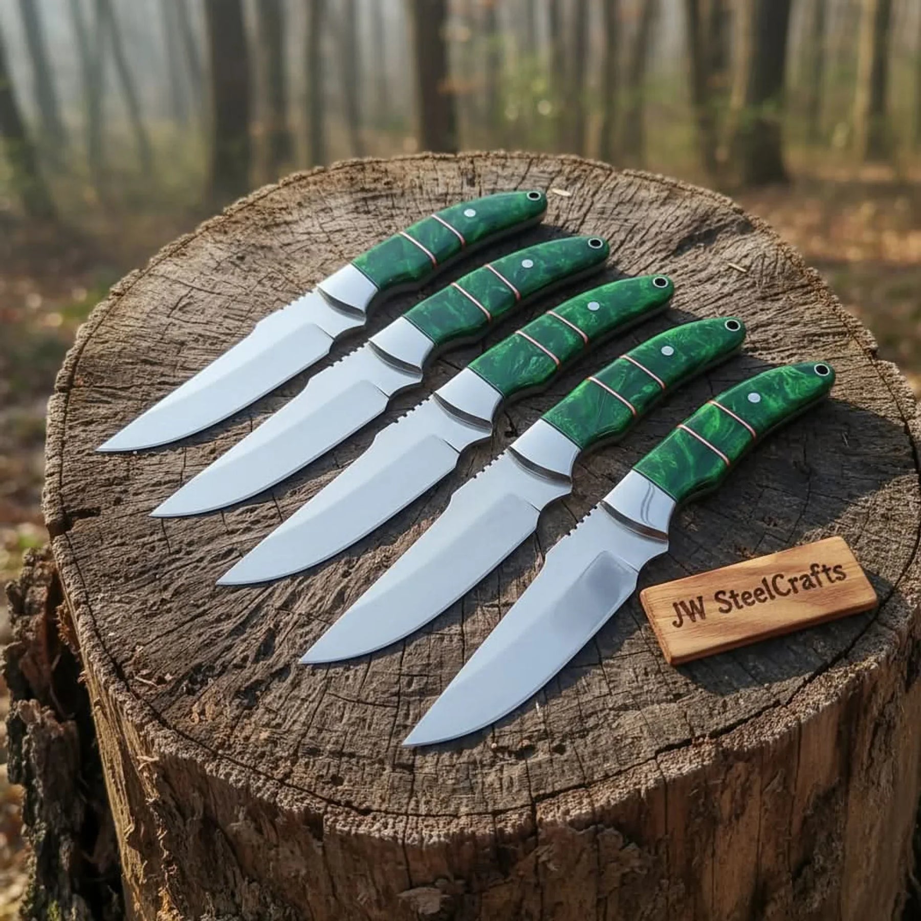 Hunting Skinner Knife Set Handmade 5-Piece J2 Steel Blades with Green Resin Handles by JW SteelCrafts