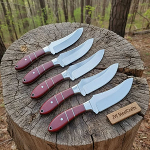 Handmade Drop Point Hunting Knife Set of 5-Piece Full Tang Blades with Red Resin Handles by JW SteelCrafts