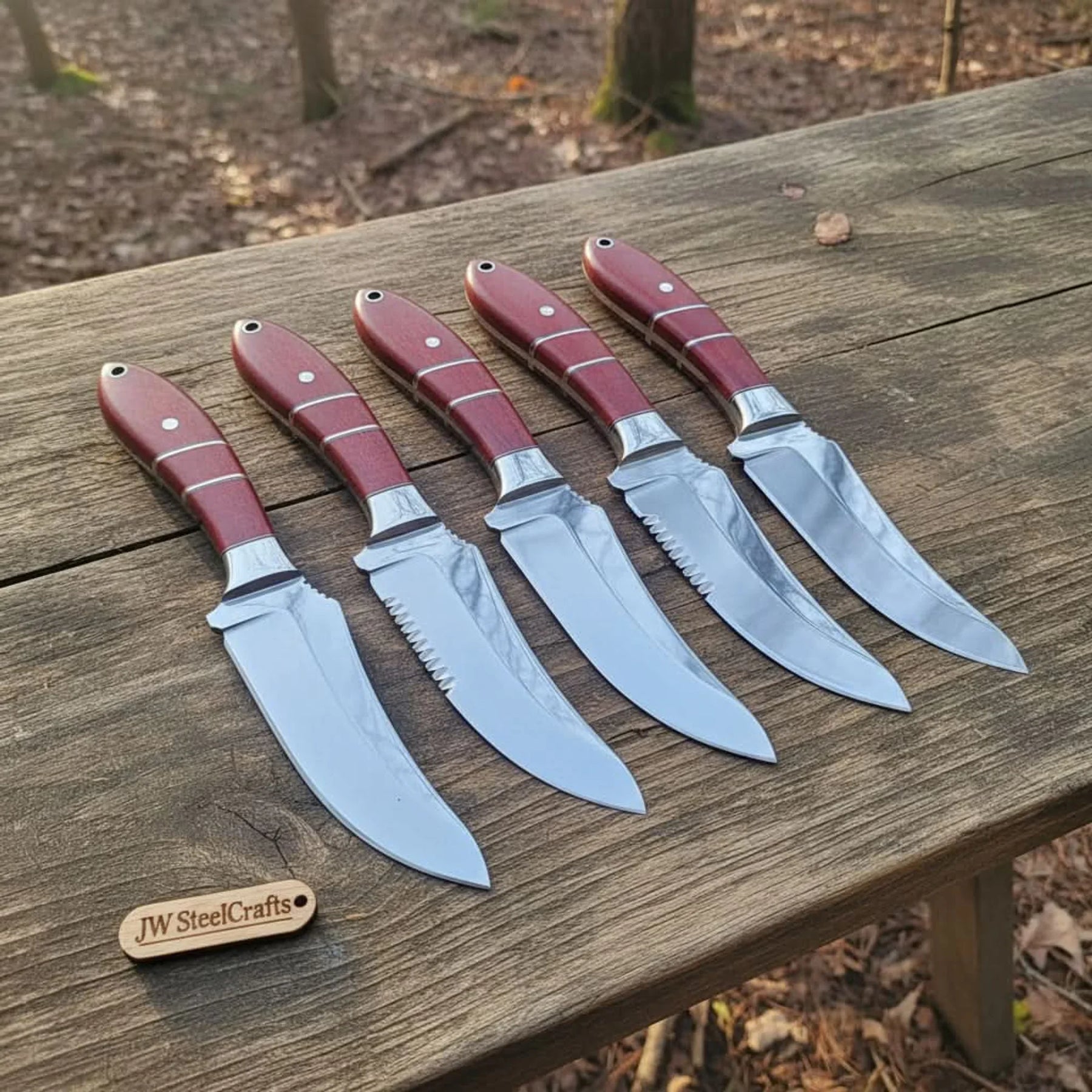 Handmade Drop Point Hunting Knife Set of 5-Piece Full Tang Blades with Red Resin Handles detail view by JW SteelCrafts