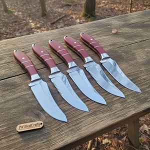 Handmade Drop Point Hunting Knife Set of 5-Piece Full Tang Blades with Red Resin Handles detail view by JW SteelCrafts