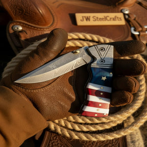 Patriot Damascus Folding Knife with Leather Sheath detail view by JW SteelCrafts