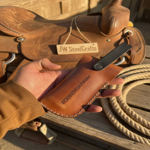 Patriot Damascus Folding Knife with Leather Sheath detail view by JW SteelCrafts