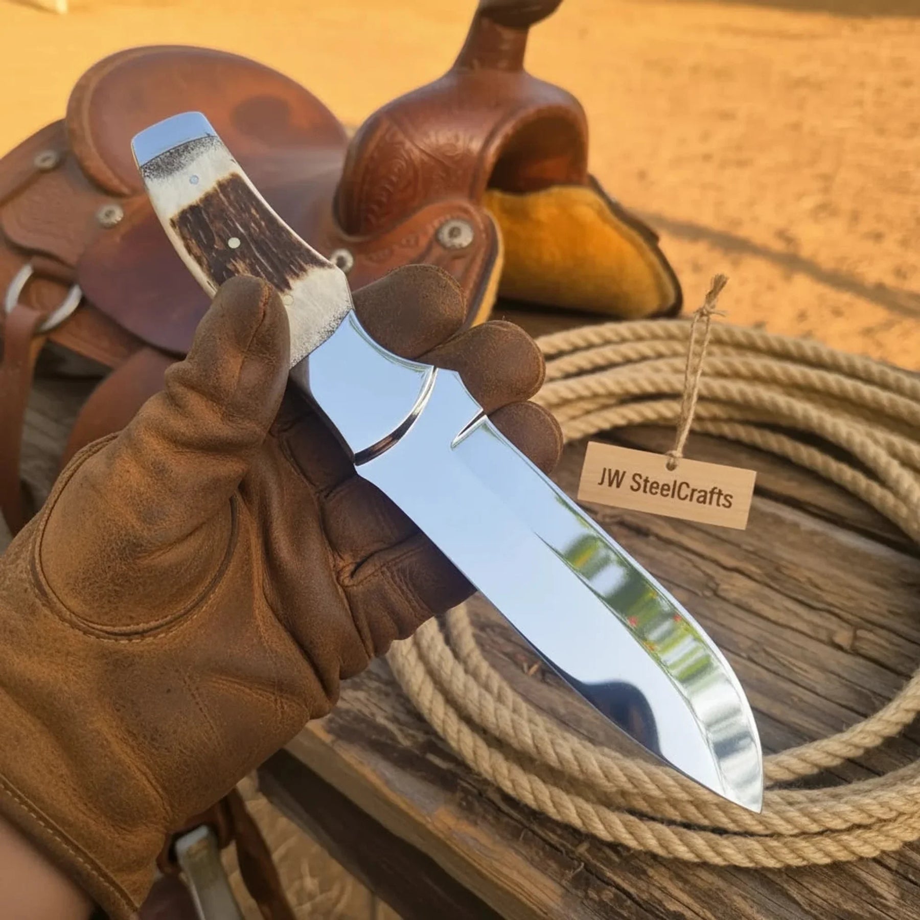 Drop Point Bushcraft Knife 10” – Polished Steel Blade with Natural Stag Handle by JW SteelCrafts