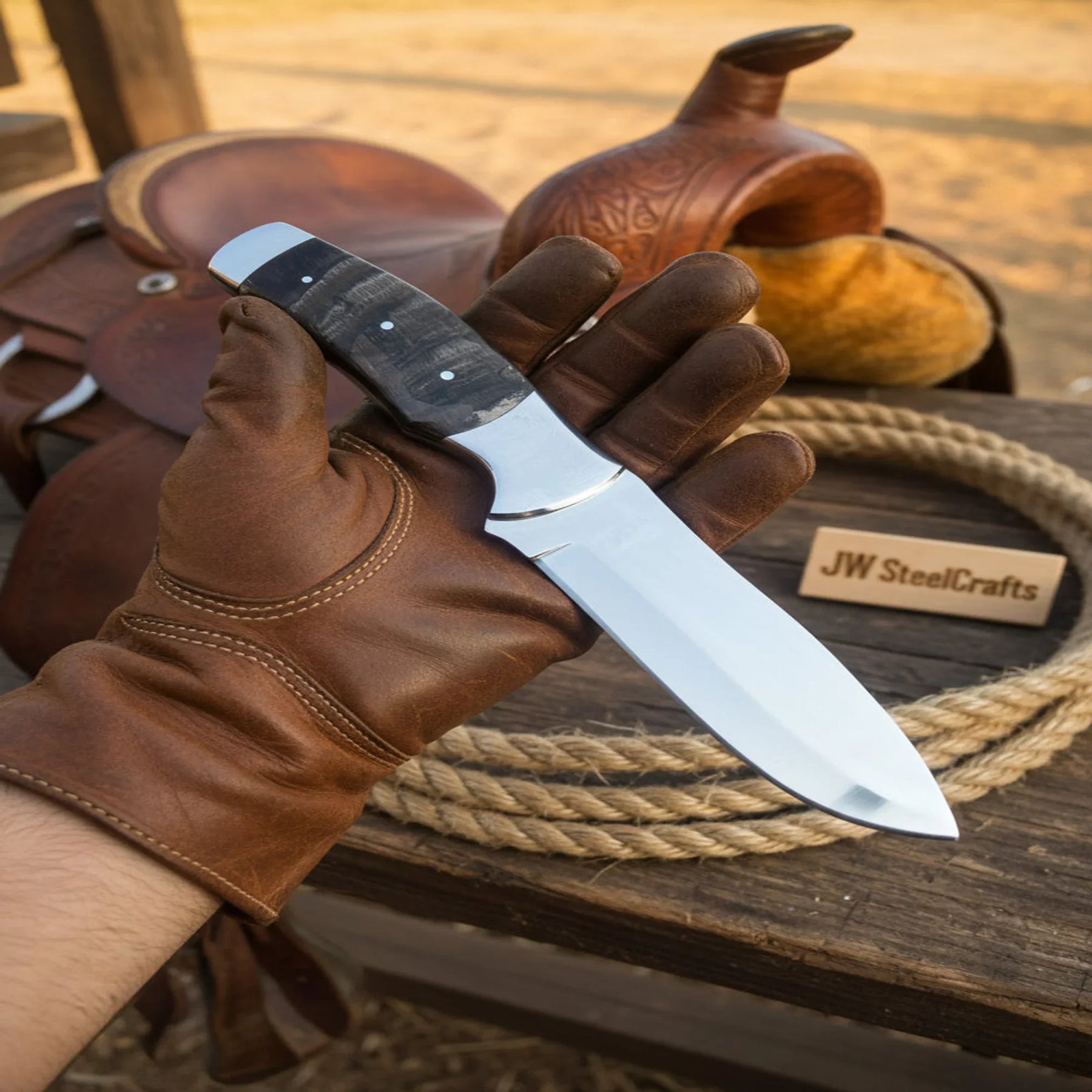 Handmade Rawhide Bowie Knife Mirror-Polished Full Tang Collector Blade by JW SteelCrafts