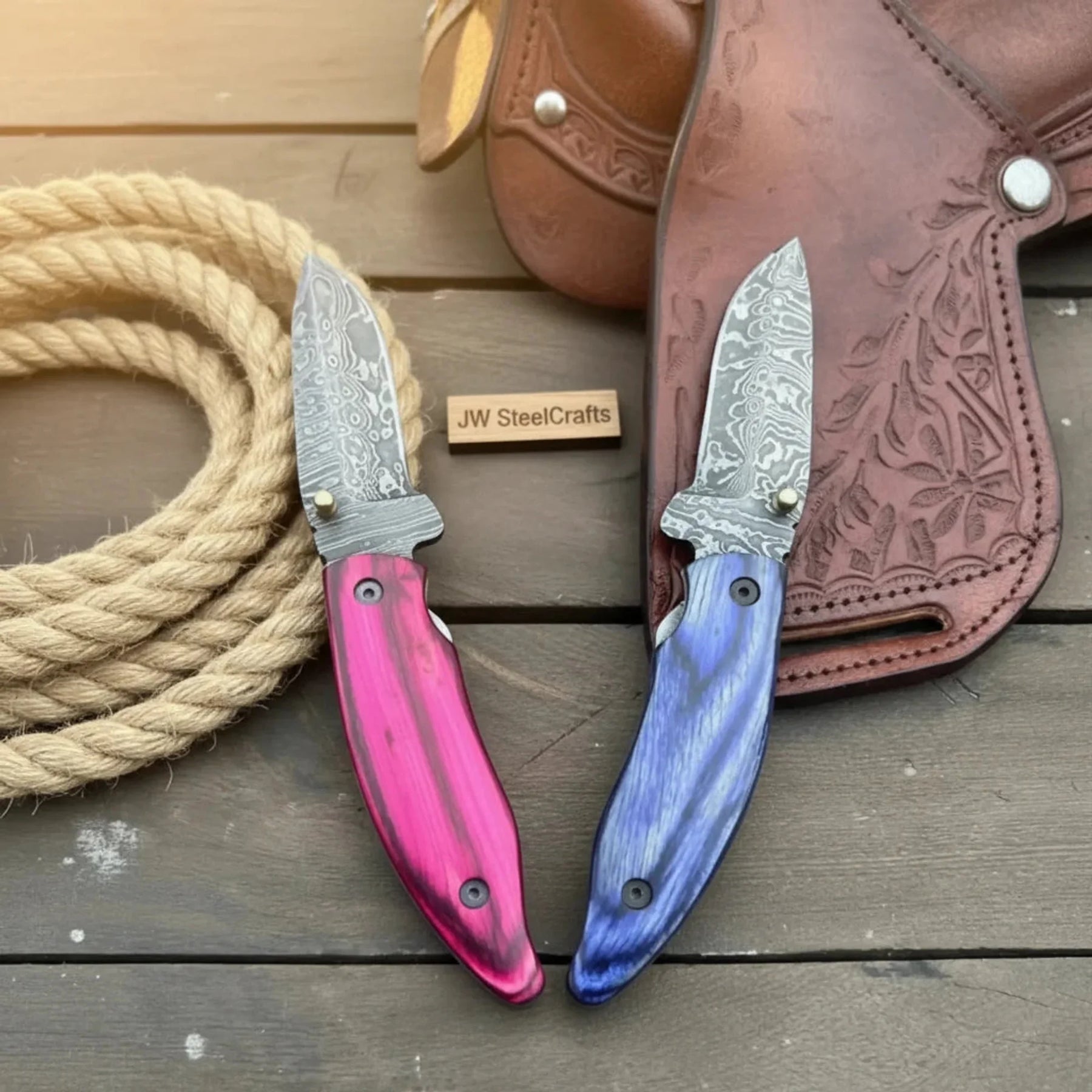 Persian Damascus Folding Knife Set with Pakka Wood Handles by JW SteelCrafts