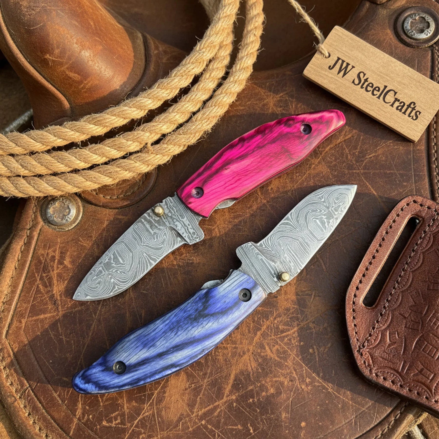 Persian Damascus Folding Knife Set with Pakka Wood Handles detail view by JW SteelCrafts