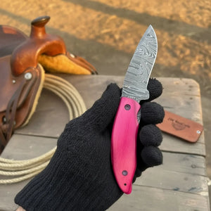 Pink Pakka Wood Damascus Folding Knife 7” Handmade Persian EDC Pocket Knife by JW SteelCrafts