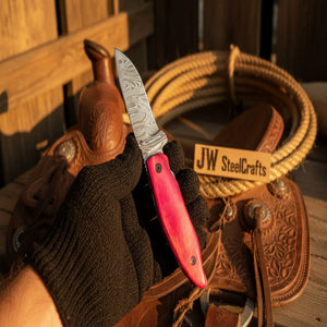Pink Pakka Wood Damascus Folding Knife 7” Handmade Persian EDC Pocket Knife detail view by JW SteelCrafts