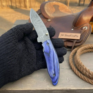 Hand Forged Damascus Gentleman’s Folding Knife Blue Pakkawood Handle Liner Lock EDC by JW SteelCrafts