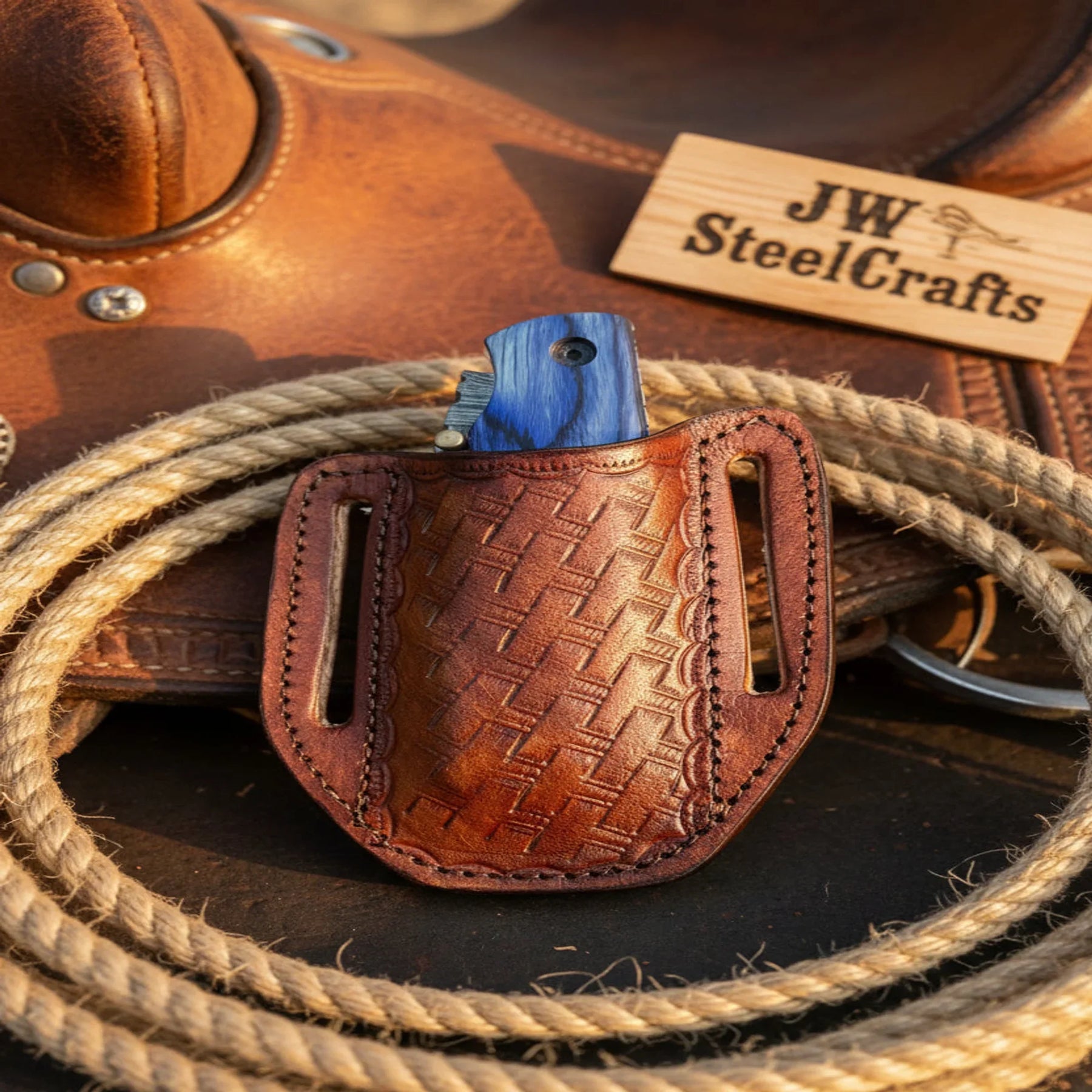 Hand Forged Damascus Gentleman’s Folding Knife Blue Pakkawood Handle Liner Lock EDC detail view by JW SteelCrafts