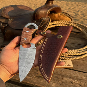 Damascus Hunting Skinner Knife Brown Micarta | Handle and Leather Sheath detail view by JW SteelCrafts