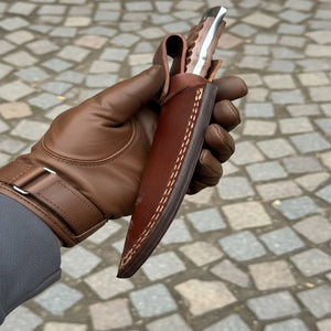 Damascus Hunting Skinner Knife Brown Micarta | Handle and Leather Sheath detail view by JW SteelCrafts