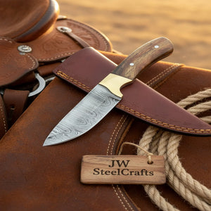 Handmade Damascus Field Knife 8” Bushcraft Knife Wood Handle with Leather Sheath detail view by JW SteelCrafts