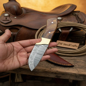 Handmade Damascus Field Knife 8” Bushcraft Knife Wood Handle with Leather Sheath detail view by JW SteelCrafts
