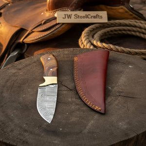 Handmade Damascus Field Knife 8” Bushcraft Knife Wood Handle with Leather Sheath by JW SteelCrafts