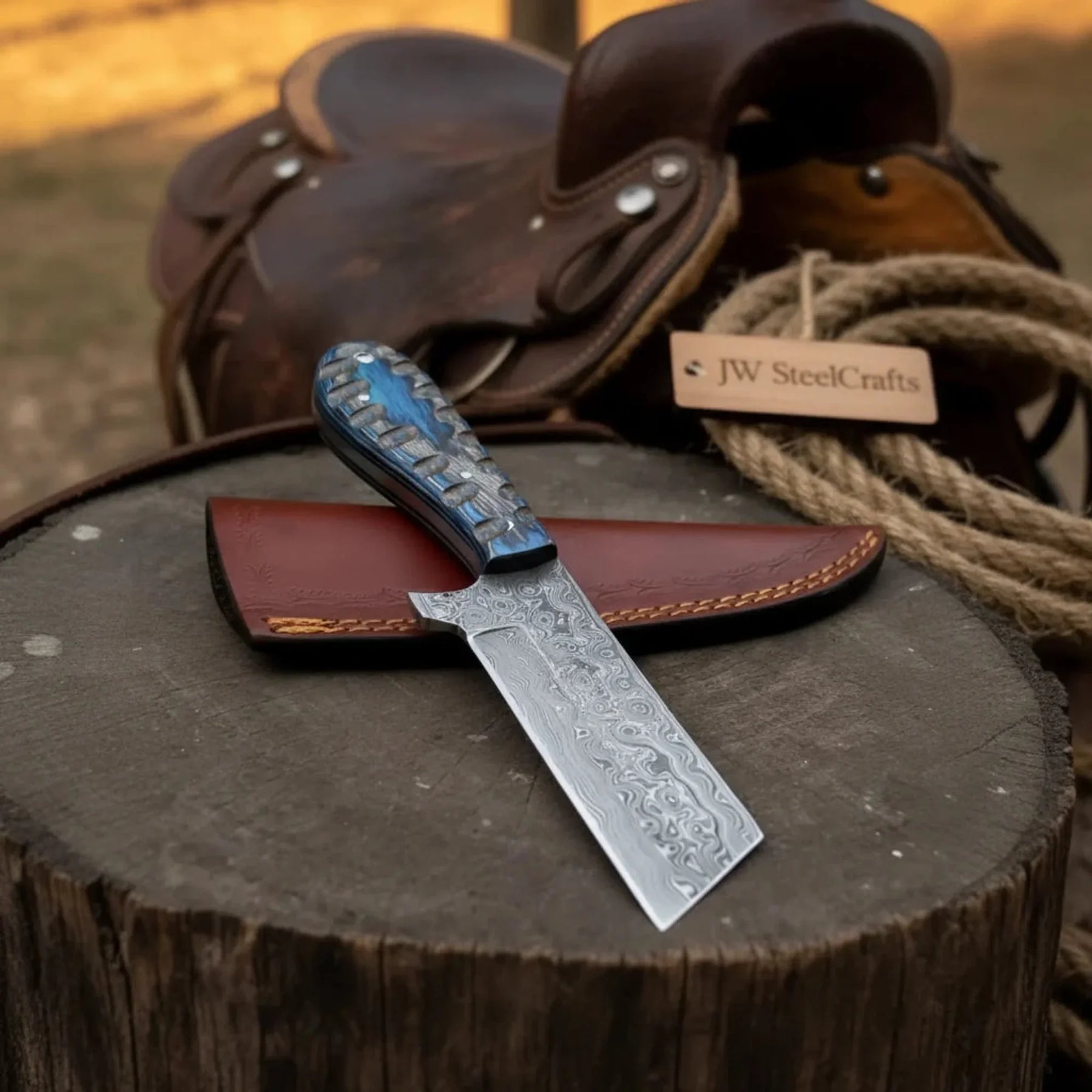Western Bull Cutter 7” Knife – Damascus Ranch Blade with Blue Stabilized Handle & Sheath detail view by JW SteelCrafts