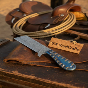 Western Bull Cutter 7” Knife – Damascus Ranch Blade with Blue Stabilized Handle & Sheath by JW SteelCrafts