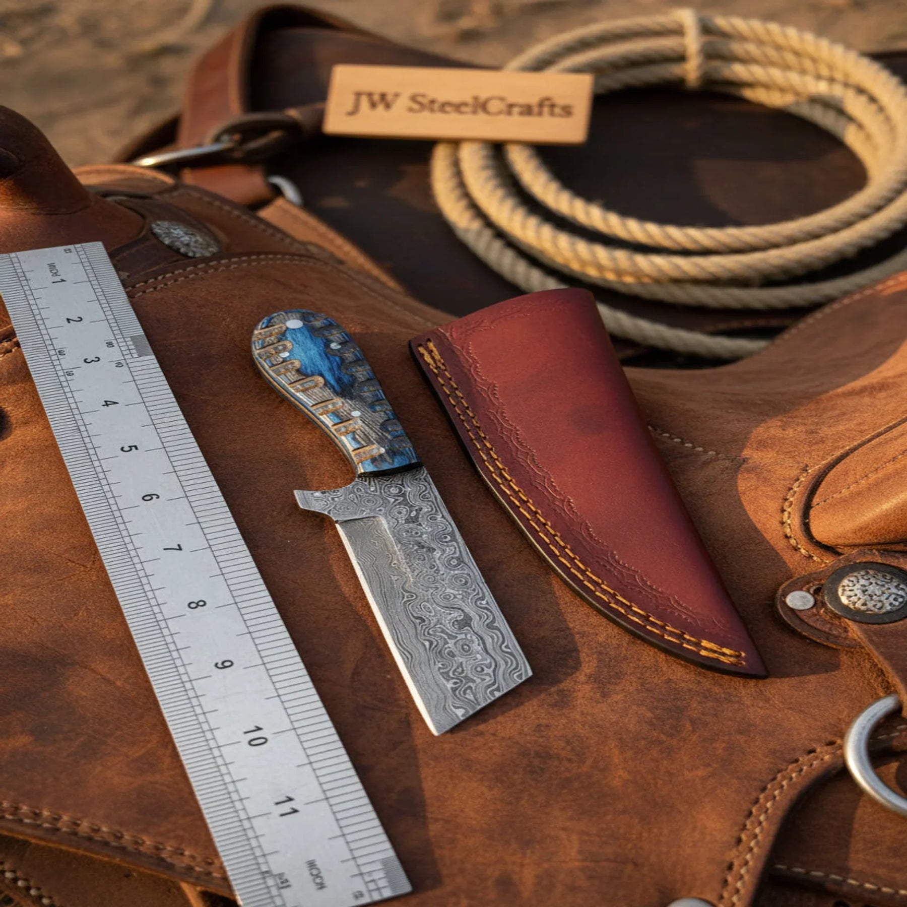 Western Bull Cutter 7” Knife – Damascus Ranch Blade with Blue Stabilized Handle & Sheath detail view by JW SteelCrafts