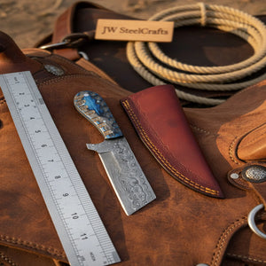 Western Bull Cutter 7” Knife – Damascus Ranch Blade with Blue Stabilized Handle & Sheath detail view by JW SteelCrafts