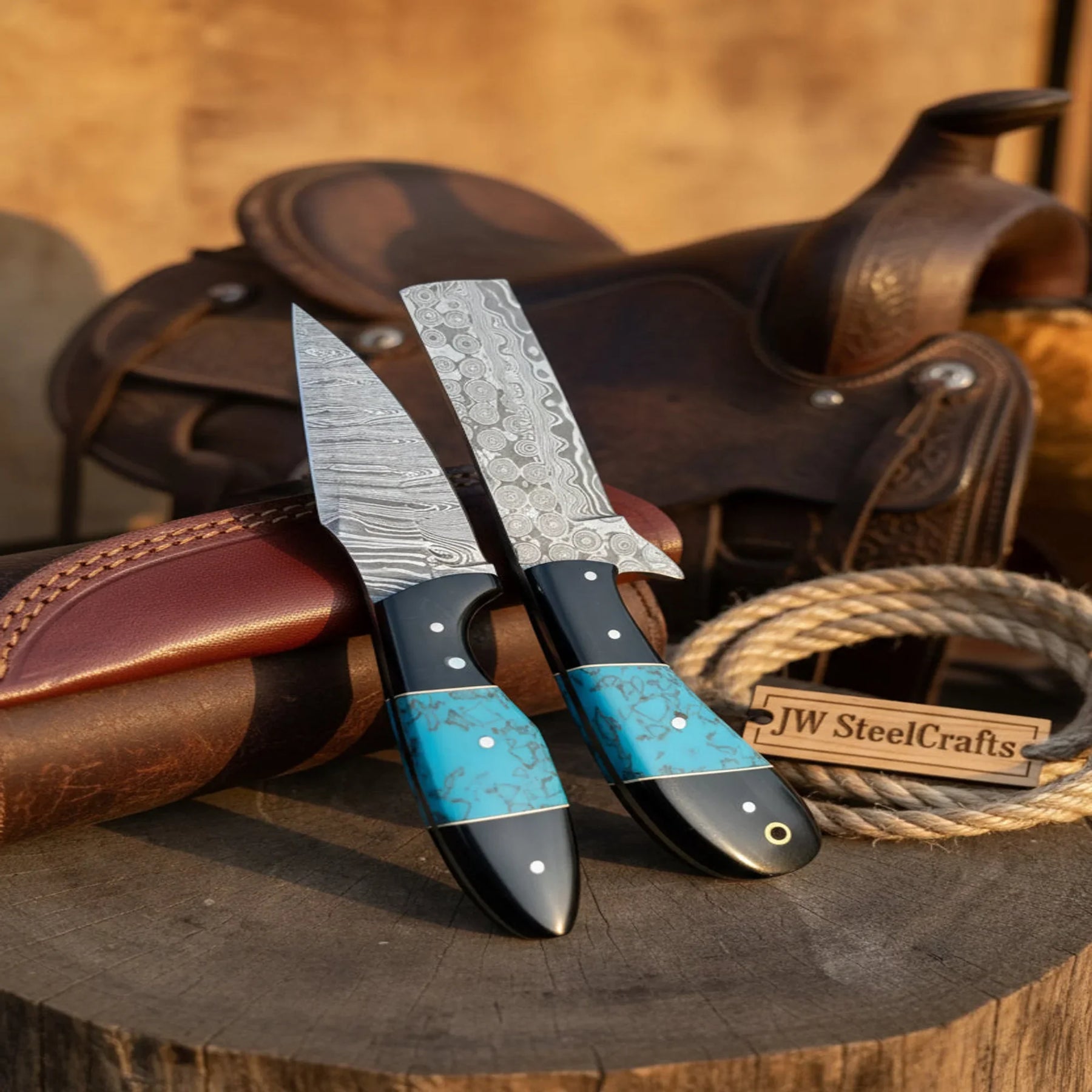 Handmade Damascus Skinner 7”–8” Knife Set Cowboy Ranch Blades Turquoise Handle with Sheath by JW SteelCrafts