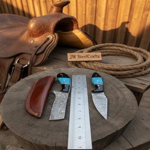 Handmade Damascus Skinner 7”–8” Knife Set Cowboy Ranch Blades Turquoise Handle with Sheath detail view by JW SteelCrafts
