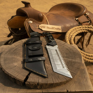 Handmade Damascus Tracker Knife 12” Sawback Blade Survival Knife Black resin Handle & Sheath detail view by JW SteelCrafts