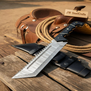 Handmade Damascus Tracker Knife 12” Sawback Blade Survival Knife Black resin Handle & Sheath detail view by JW SteelCrafts