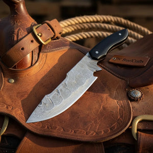 Damascus Field Knife 9” Blade Handmade Black Epoxy Resin Handle with Sheath by JW SteelCrafts