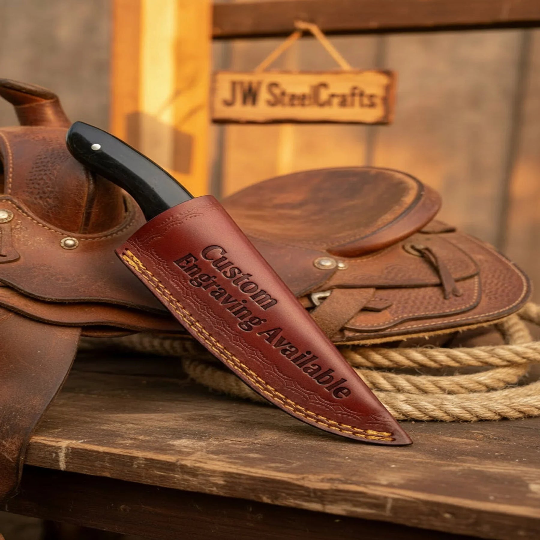 Damascus Field Knife 9” Blade Handmade Black Epoxy Resin Handle with Sheath detail view by JW SteelCrafts