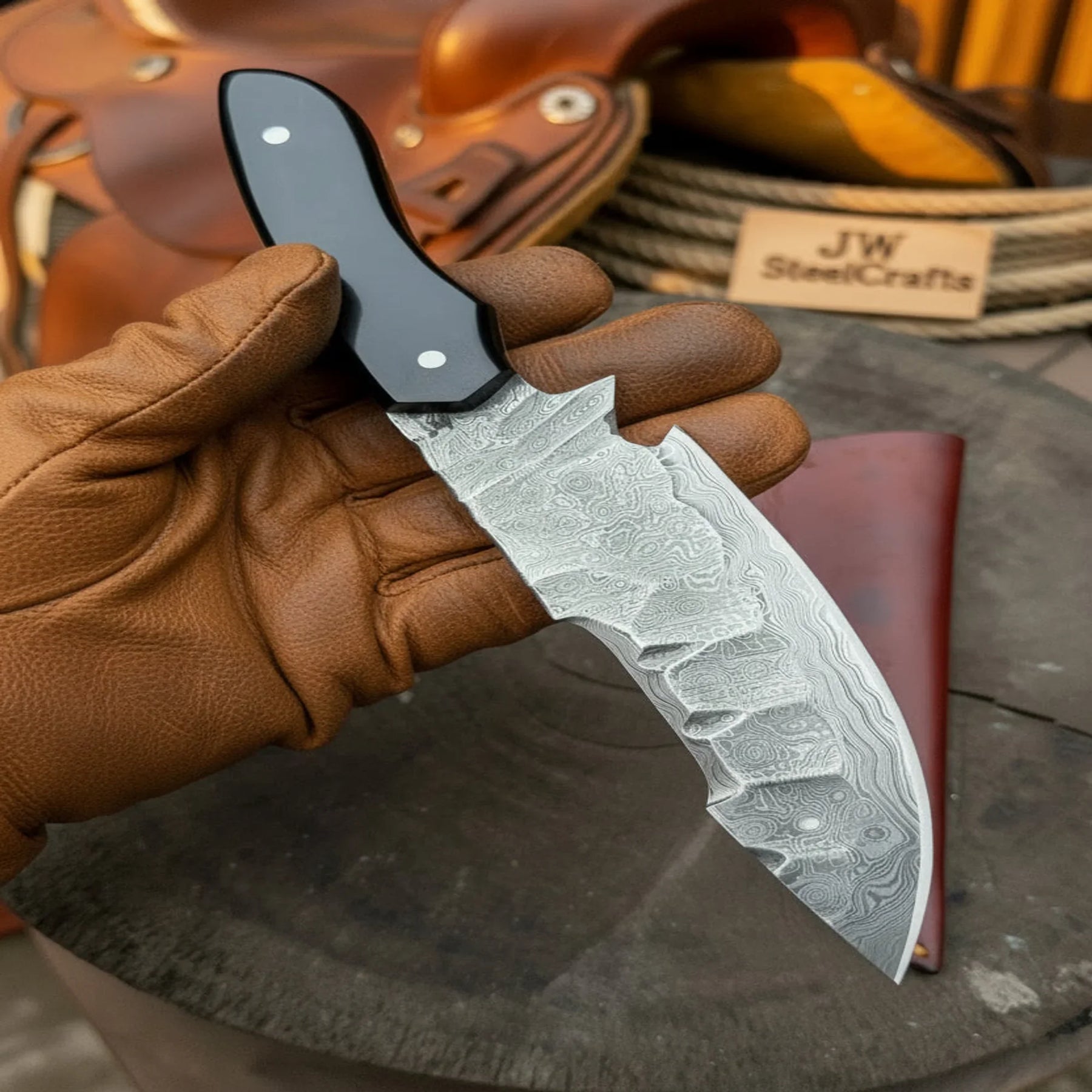 Damascus Field Knife 9” Blade Handmade Black Epoxy Resin Handle with Sheath detail view by JW SteelCrafts