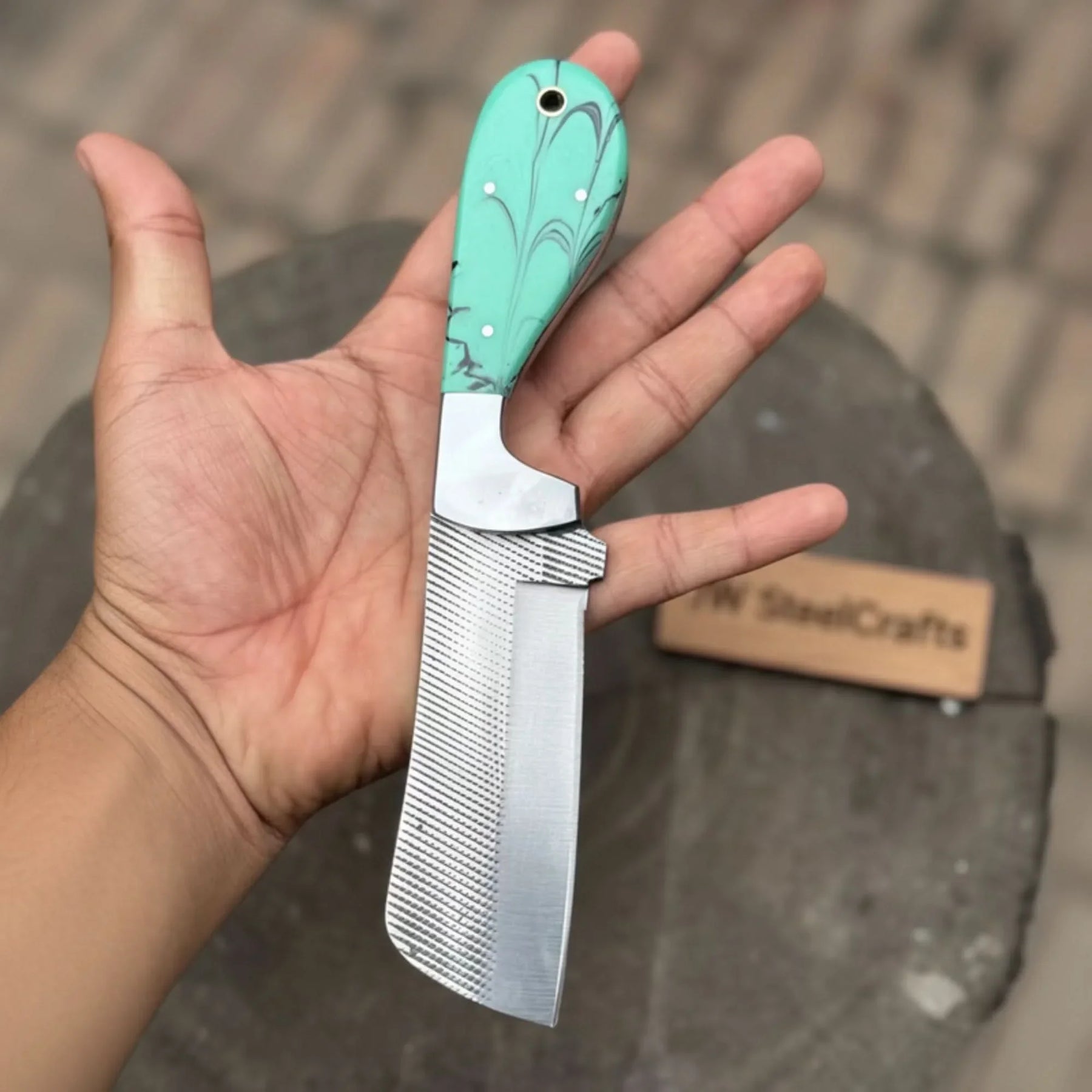 7.5-Inch Rasp Steel Bull Cutter Knife — Teal Marbled Resin Handle, Silver Pins, Lanyard Hole & Leather Sheath | JW Steel