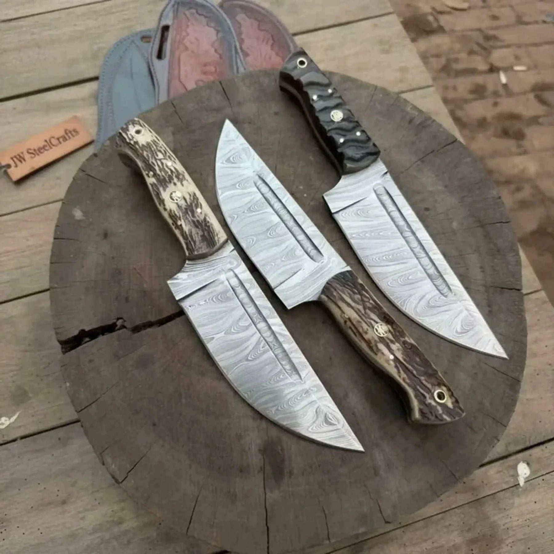 Premium Handmade Hunting Knife Set (3-Piece) Damascus Steel Fixed Blade Leather Sheaths by JW SteelCrafts